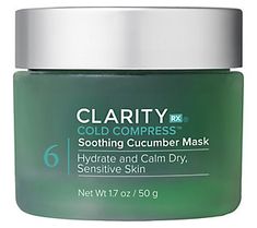 ClarityRx Cold Compress Cucumber Mask is a hydrating and cooling gel mask, formulated with extracts of cucumber, chamomile, and aloe. It cools on contact, providing you with a soothing comfort.   How do I use it: Use in the evening twice a week. Apply a thick layer to face and neck. Leave on for 10 to 15 minutes. Remove with tepid water and follow with a moisturizer (not included).  From ClarityRx.  Includes: Cucumber Mask, Gel Mask, Hydrating Mask, Skin Care Treatments, 15 Minutes, Beauty Skin, Cucumber, Sensitive Skin, Moisturizer