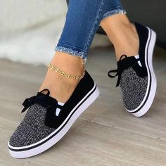 Women Simple Fabric Slip On Flat Heel Loafers Round Toe Sneakers, Sequin Decor, Fresh Shoes, Lace Up Flats, Bow Flats, Casual Lace, Casual Flats