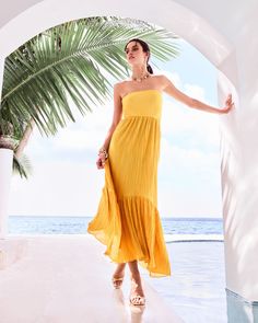 Devyani Strapless Maxi Dress in daisy pleats | Ramy Brook Pleated Knit, Radiate Confidence, Strapless Maxi, Strapless Maxi Dress, Strapless Bra, Turks And Caicos