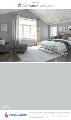 an image of a bedroom with gray walls and white carpeted flooring in the room