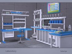 a computer lab with blue counters and shelves