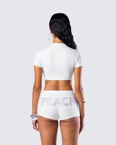 Show off the melons in this white graphic top 😜 This top, made from jersey fabric and complete with a pink “MELONS” rhinestone graphic, will have everyone craving some fruit 🍈 White Rhinestone Top, Designer Crop Top, Cute Clothing Stores, Crop Top Designs, Rhinestone Top, Birthday Shoot, Black Off Shoulder, Graphic Top, White Jersey