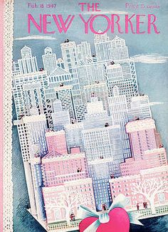 an advertisement for the new yorker magazine with a pink heart in front of a cityscape