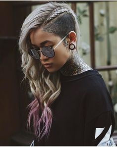 Long Hairstyles Shaved Side, Womens Side Shaved Hair Long, Woman With Fade Haircut, Long Hair Half Shaved Hairstyles, Hairstyles For Half Shaved Heads, Women’s Shaved Sides, Shaved Viking Hair Women, Viking Braids Female Shaved Sides, Half Shave Haircut For Women