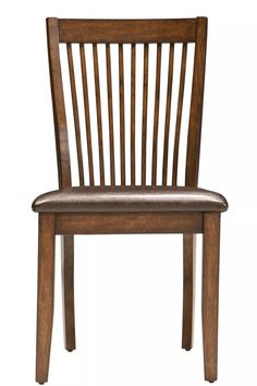 a wooden chair with a brown leather seat