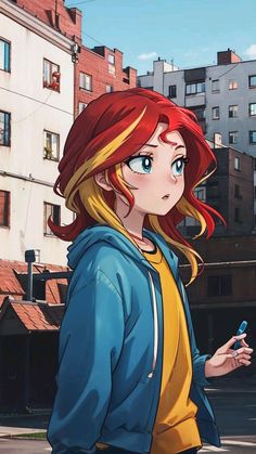 a girl with red hair is standing on the street and looking at her cell phone