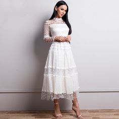 Gender: Women Material: Polyester Style: Casual Silhouette: Fit and Flare Pattern Type: Dot Sleeve Length(cm): Full Decoration: Lace Dresses Length: Mid-Calf Sleeve Style: REGULAR Waistline: Natural Neckline: Turtleneck Season: Summer Fitted Long Sleeve Midi Dress With Lace Patchwork, Chic Summer Lace Dress With Sheer Sleeves, Long Sleeve Midi Dress With Lace Patchwork, Summer Lace Dress With Sheer Sleeves, Spring Lace Midi Dress With Long Sleeves, Spring Long Sleeve Lace Midi Dress, White Midi Dress With Sheer Sleeves For Summer, White Long Sleeve Midi Dress With Lace Patchwork, Feminine Long Sleeve Midi Dress With Lace Patchwork