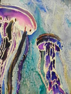 two jellyfishs are shown in this artistic painting