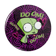 a purple and green button with an image of a cartoon character in the middle of it