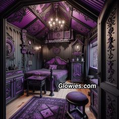 a purple bedroom with chandelier and two beds