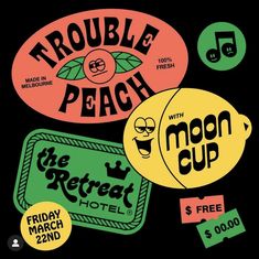 various stickers that say trouble peach and the moon cup are on display in front of a black background