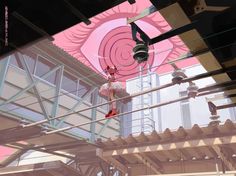 a person hanging upside down on a rope in front of a large pink painting with birds flying around