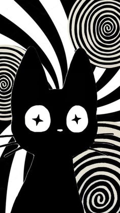 a black cat with big eyes standing in front of an abstract background that looks like spirals