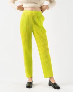 Pleats-Please-Issey-Miyake-New-Colorful-Basics-Pants-in-Yellow-Green-Santa-Barbara-Boutique-Jake-and-Jones-Sustainable-Fashion Spring Accordion Pleated Pants, Spring High-waisted Pleated Pants, Spring Pleated High-waisted Pants, Spring Pleated Ankle Pants, Summer Trousers With Pleated Waist, Spring Pleated Ankle-length Pants, Spring Pleated Trousers, Pleated Long Pants For Spring, Pleated Trousers For Spring