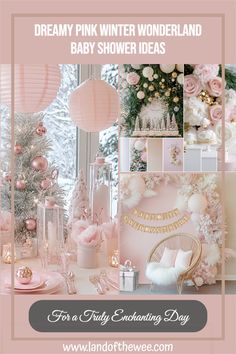 several scenes of a beautiful winter baby shower that is staged with pink accents and icecicles Winter Pink Baby Shower Ideas, Baby Shower Girls Theme, Baby Girl Shower Themes Winter, Winter Pink Baby Shower, Pink Winter Baby Shower, Winter Wonderland Theme Decorations