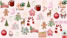 watercolor christmas clipart set with santa, snowman and other holiday items on pink background