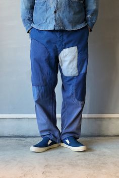 "MITSUGU SASAKI(Vintage remake) \"German vintage patchwork blue work pants\" Patched by Mitsugu Sasaki From:Germany , 1950's Material:Cotton Patched material:Vintage cotton Color:Blue Size: Waist:39.3 inch (100 cm ) Hip: 49.6 inch (126 cm) Waist to hem: 39.7inch (101 cm) Hip to hem: 28.7 inch (73 cm) Model: 6'0\"(182cm) Thank you!" Blue Cotton Patchwork Jeans, Blue Patchwork Cotton Jeans, Reworked Blue Cotton Jeans, Blue Reworked Cotton Jeans, Blue Cotton Bottoms With Patches, Retro Cotton Patchwork Bottoms, Vintage Straight Leg Bottoms With Collage Stitching, Blue Patched Cotton Jeans, Vintage Bottoms With Collage Stitching And Straight Leg