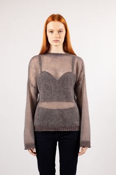 Lightweight and sheer, yet warm and soft mohair sweater LUNA. It is perfect for day-to-night wear all year round. The shiny details add a touch of sophistication and can be worn to a more formal evening event as well. It will become a favorite in your wardrobe due to its comfortable and relaxed cut. Material: 70% mohair, 30% polyamide. Size: XS to XXL. Available colors: brown, white, black. Length: 58-63cm. Our model Diana is 1,73cm and is wearing size S. Features: - sheer structure - straight c Fine Knit Mohair Tops For Fall, Winter Fine Knit Mohair Tops, Fitted Mohair Sweater For Layering, Sheer Long Sleeve Sweater For Fall, Fall Mohair Crew Neck Top, Fine Knit Mohair Tops, Haut Transparent, Mohair Sweater Knit, Horse Sweater