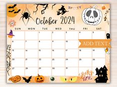 a calendar with pumpkins and bats on it