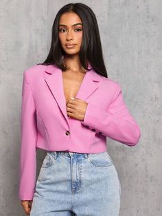 Não perca esta oferta grande na SHEIN! Economize muito agora!​SHEIN PETITE Blazer Rosa com Botão Único na Lapela Overalls Pink, Blazer Rose, Blazer Rosa, Petite Blazer, Girls Snow Boots, Kids Snow Boots, Rose Bonbon, Single Button Blazer, Retro Hairstyles