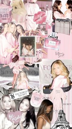 a collage of photos with the eiffel tower in the background and two women dressed in pink