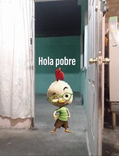 a cartoon chicken with glasses is standing in an open doorway