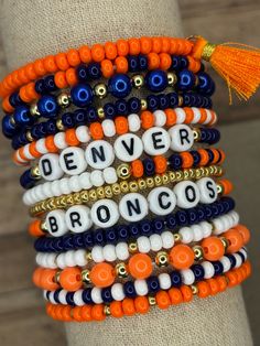 **IMPORTANT! DUE TO AN OUTAGE OF ORANGE BEADS, WE ARE HAVE DISABLED OUR OPTIONS WITH ORANGE BEADS. We have another option for orange beads, but they are not the same look as shown in these pictures. We can fill an order with those orange beads upon request! When orange beads come back available, we will update this post! The ultimate bracelet listing for any Denver Broncos Football fan! Go Broncos! These bracelets are SOLD INDIVIDUALLY unless purchased as a STACK! If wanting multiple bracelets, Broncos Bracelet, Team Bracelets, So Make The Friendship Bracelets, Football Bracelet, Make The Friendship Bracelets, Go Broncos, Denver Broncos Football, Multiple Bracelets, Broncos Football