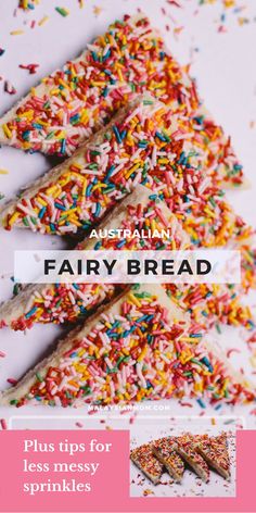 an advertisement for australian fairy bread with sprinkles on the top and bottom