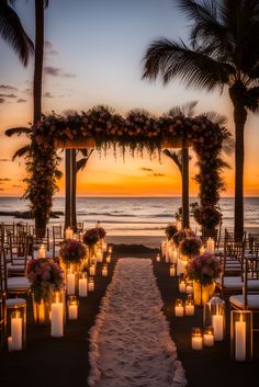 an outdoor wedding setup with candles and flowers on the aisle at sunset by the beach