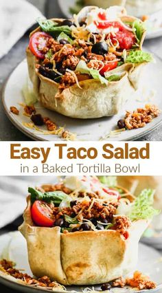 easy taco salad in a baked tortilla bowl is the perfect appetizer