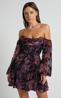 Jessell Mini Dress - Long Sleeve Cowl Corset Dress in Burnt Out Floral 30th Birthday Dress, Birthday Outfit Inspiration, Purple Velvet Fabric, Winter Cocktail Dress, Party Outfit Night Club, Famous Youtuber, Purple Mini Dress, Dresses For The Races, Indie Dresses