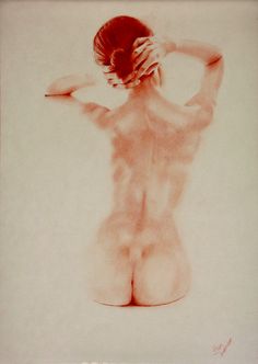 a nude woman with her back turned to the side, holding her hands behind her head