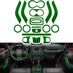 the interior of a car with green trims and steering wheel stickers on it