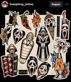 some stickers that are on the back of a cell phone, with different types of tattoos