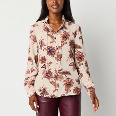 This Ryegrass women's medallion-print blouse is a pretty, versatile piece that can be worn with many different outfits. It's made from a woven blend for a relaxed-fit, a split tie neckline, mandarin collar and long vent sleeves. Wear it with jeans or pants.Closure Type: TieFit: Relaxed FitNeckline: Keyhole NeckSleeve Length: Long SleeveSleeve Style: Vent SleeveApparel Length: 27 InchesFiber Content: 100% PolyesterFabric Description: CrinkleCollar: Mandarin CollarCare: Machine WashMaterial: Polye Long Sleeve Tops With Paisley Print For Work, Bohemian Button-up Tops For Workwear, Fall Paisley Print Tops For Work, Fall Paisley Print Work Tops, Floral Print Tie Neck Tops For Workwear, Chic Paisley Print Top For Workwear, Chic Paisley Print Blouse For Work, Chic Paisley Print Top For Work, Bohemian Multicolor Blouse For Workwear