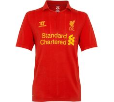 a red liverpool shirt with yellow lettering on the front and bottom, which reads standard chartered