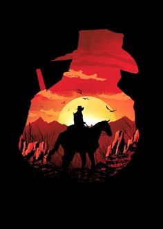 a cowboy riding on the back of a horse in front of an orange sky with birds