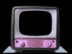 an old fashioned pink television sitting on top of a white stand with black background and reflection