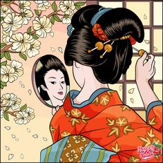 a woman in an orange kimono is looking at herself in the mirror and holding a flower