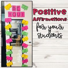 a bulletin board with post it notes attached to it and the words positive affirmations for your students