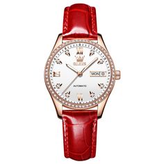 OLEVS 6637 Women's Mechanical Watch Leather Strap - OLEVS Luxury Red Leather Watch, Classic Red Leather Watch, Timeless Red Leather Watch, Elegant Red Diamond Watch For Gift, Red Watches With Diamond Hour Markers, Red Leather Watch With Round Dial, Elegant Automatic Diamond Watch, Elegant Red Watch For Gift, Elegant Red Watch As Gift