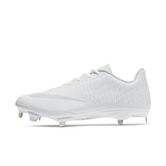 the nike vapor low pro baseball cleat is white and has a metallic toe