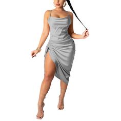 Gray Shirring Sexy Sling Midi Dress Chic Summer Slip Dress For Club, Chic Slip Dress For Club In Summer, Party Suspender Sling Dress In Solid Color, Chic Summer Club Slip Dress, Sundress Mini Dress For Party, Chic Midi Dress With Spaghetti Straps For Club, Spaghetti Strap Solid Color Bodycon Party Dress, Elegant Sling Mini Dress With Straps, Spaghetti Straps Bodycon Dress For Party