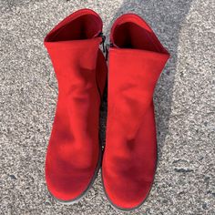 Size 37 Buttery Soft Leather Inside Zip Closure Rubber Sole Red Round Toe Booties For Fall, Medium Width Closed Toe Red Boots, Red Medium Width Closed Toe Boots, Red Medium Width Boots, Red Suede Ankle-high Heels, Chic Boots With Red Sole And Round Toe, Arche Shoes, Red Suede, Suede Booties