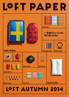 an orange poster with various items on it