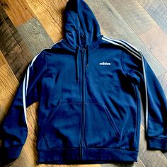 Adidas Navy Blue Hoodie. Nwot. Casual Fleece Hoodie With Three Stripes, Navy Hooded Jacket With Ribbed Cuffs For Winter, Blue Hooded Fleece Outerwear, Casual Navy Hooded Jacket With Ribbed Cuffs, Navy Casual Hooded Jacket With Double-lined Hood, Adidas Blue Outerwear With Three Stripes, Adidas Blue Outerwear With Three Stripes Branding, Navy Sports Hoodie For Winter, Blue Sportswear Hooded Winter Jacket