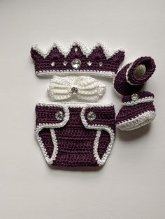 "Thank YOU for visiting my store! Beautiful King Baby Set: Crown with rhinestones, Diaper Cover, Bow Tie and Booties! This cute baby set is beautifully handmade by me. Crochet with soft acrylic yarn. The diaper cover has two buttons that can move in or out. The crown is embellished with some rhinestones. Get ready to hear many compliments from around! Great for every day use. Great for photography prop. Great idea for an upcoming baby shower. See my other listings at Section \"ROYAL OUTFIT\": ht Royal Outfit, Newborn Crown, King Outfit, Baby Boy Pictures, King Baby, Fun Crochet, Royal Outfits, Fun Crochet Projects, Gift Newborn