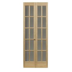 a pair of wooden doors with frosted glass on the front and side panels in light wood