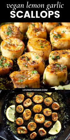 scallops in a skillet with lemons and parsley on the side