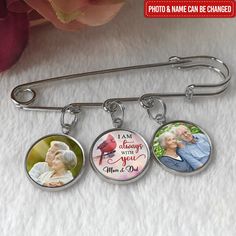 three photo charms with the words i am always with you and an old lady on them